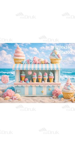 Tło fotograficzne „Lodowa budka na plaży – pastelowa słodka aranżacja” | UB_790